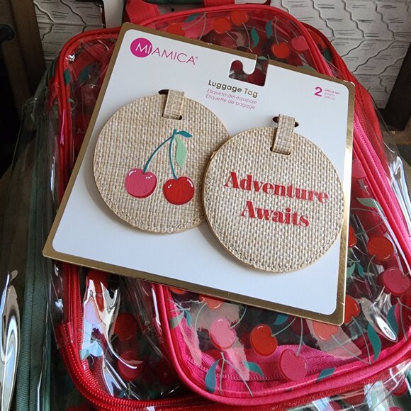 NWT Miamica 3 pack packing cubes & 2 luggage tags  Cherries - Picture 1 of 10